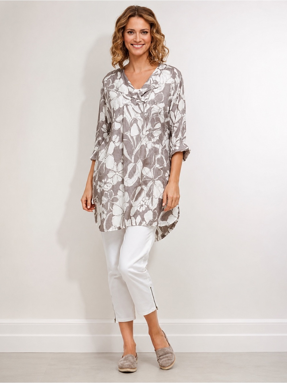 MASAI Copenhagen GITUJA Floral Tunic Gray White Linen Blend Artsy LAGENLOOK SZ L
